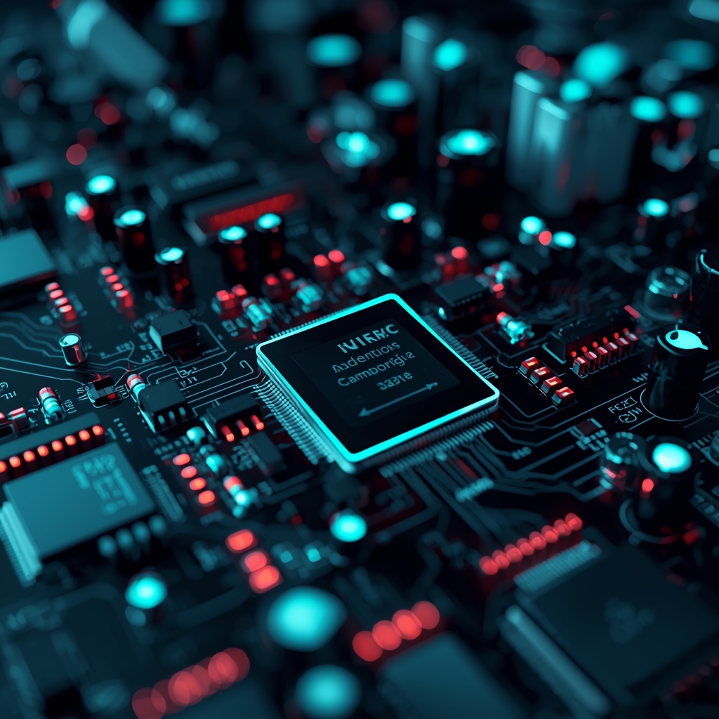 A highly modern macro shot of a complex electronic circuit board and tech gadgets glowing neon cyan lines dark background futuristic setup no woman